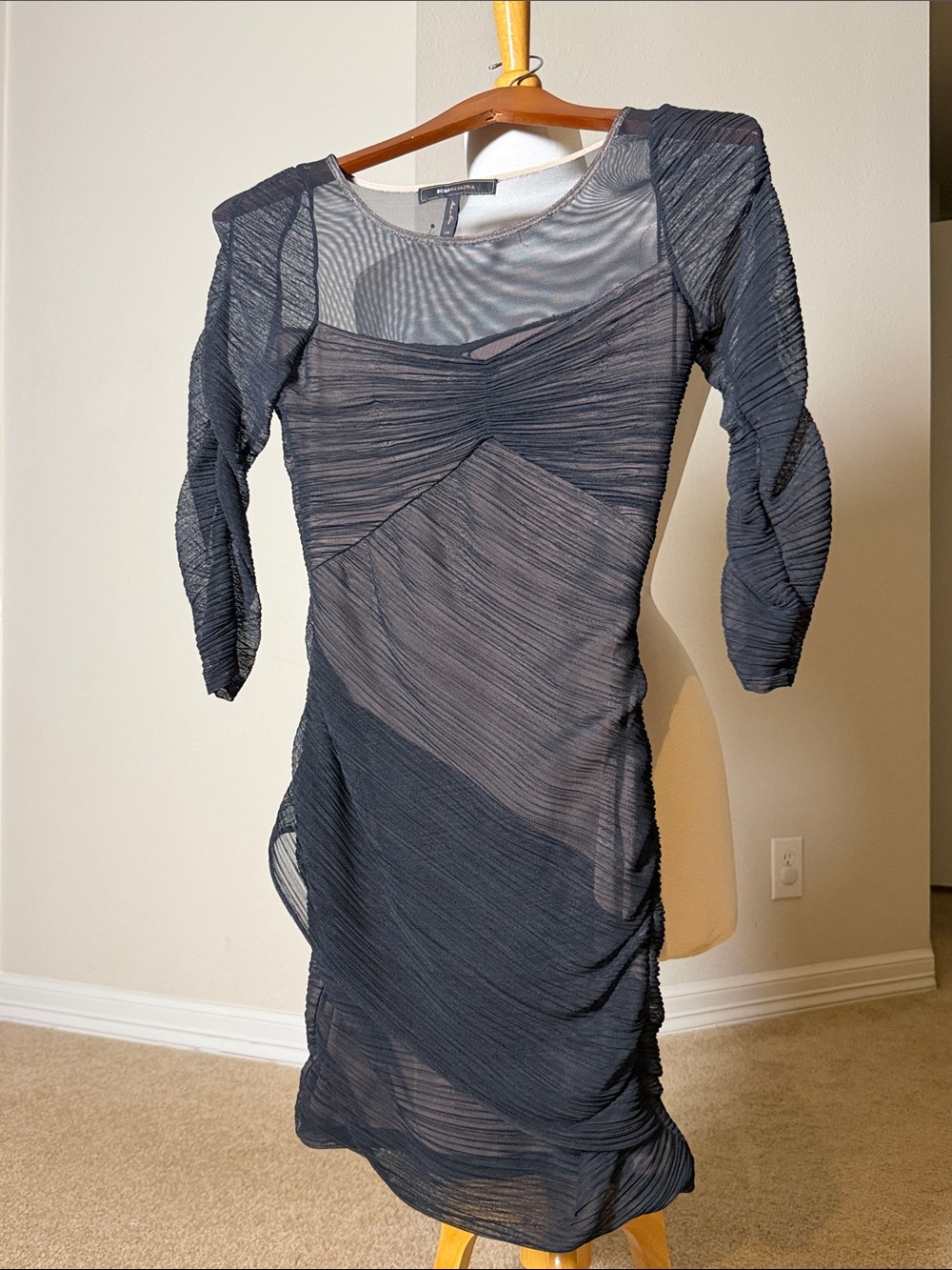 BCBGMaxAzria Navy Sheer Ruched Long Sleeve Bodycon Dress